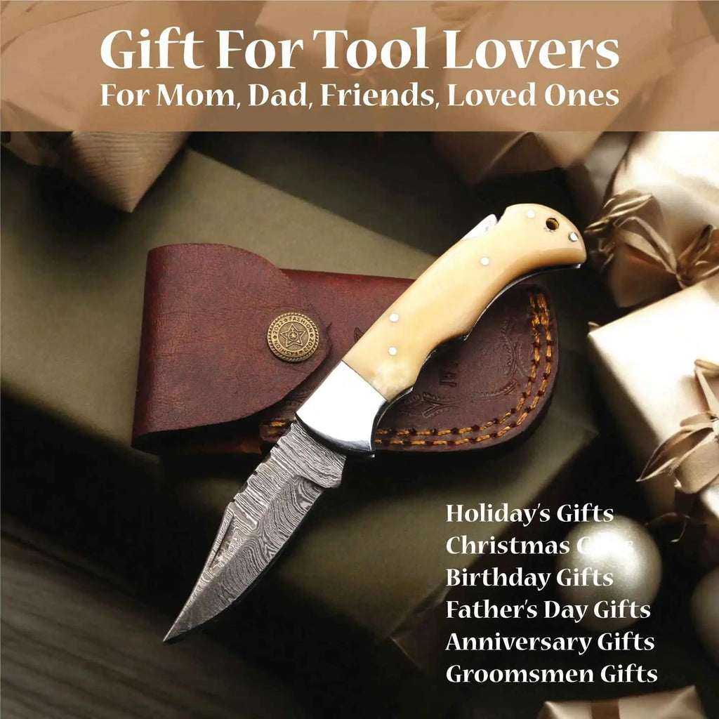 Handmade Damascus Steel Folding Knife – Camel Bone Handle (5 Handle Options)