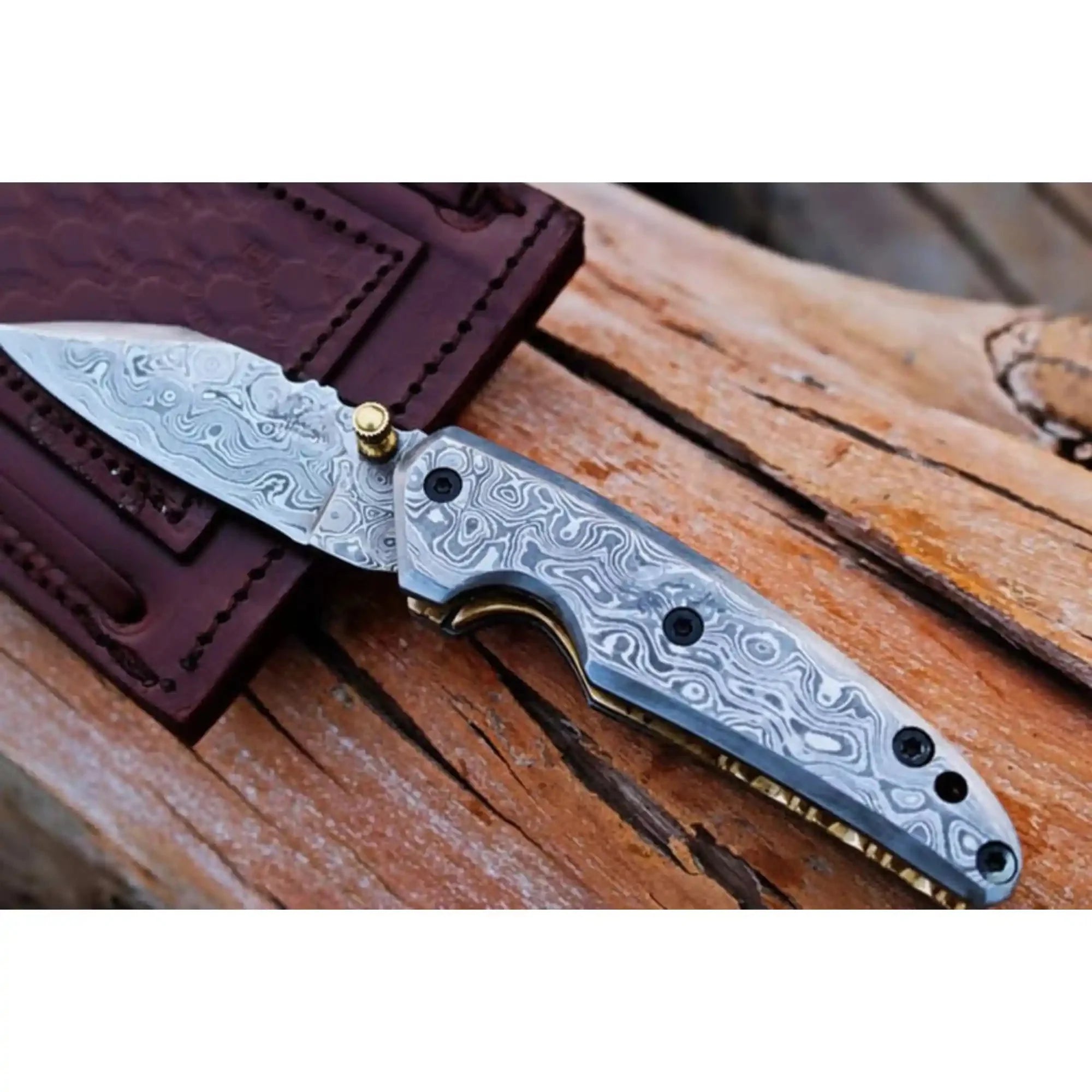 Handmade Damascus Steel Folding Knife with Dark Wood Handle & Leather Sheath