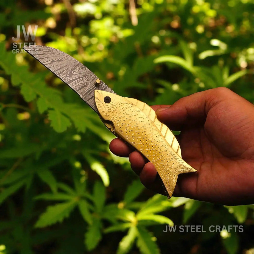 Handmade Damascus Steel Folding Knife with Engraved Brass Fish Handle