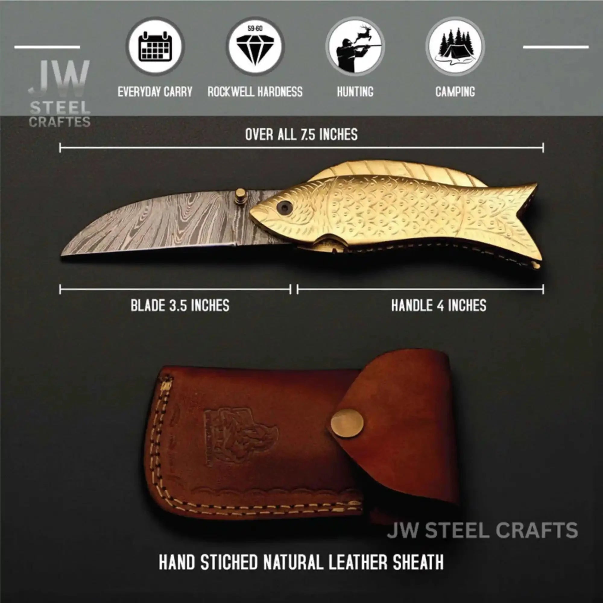 Handmade Damascus Steel Folding Knife with Engraved Brass Fish Handle