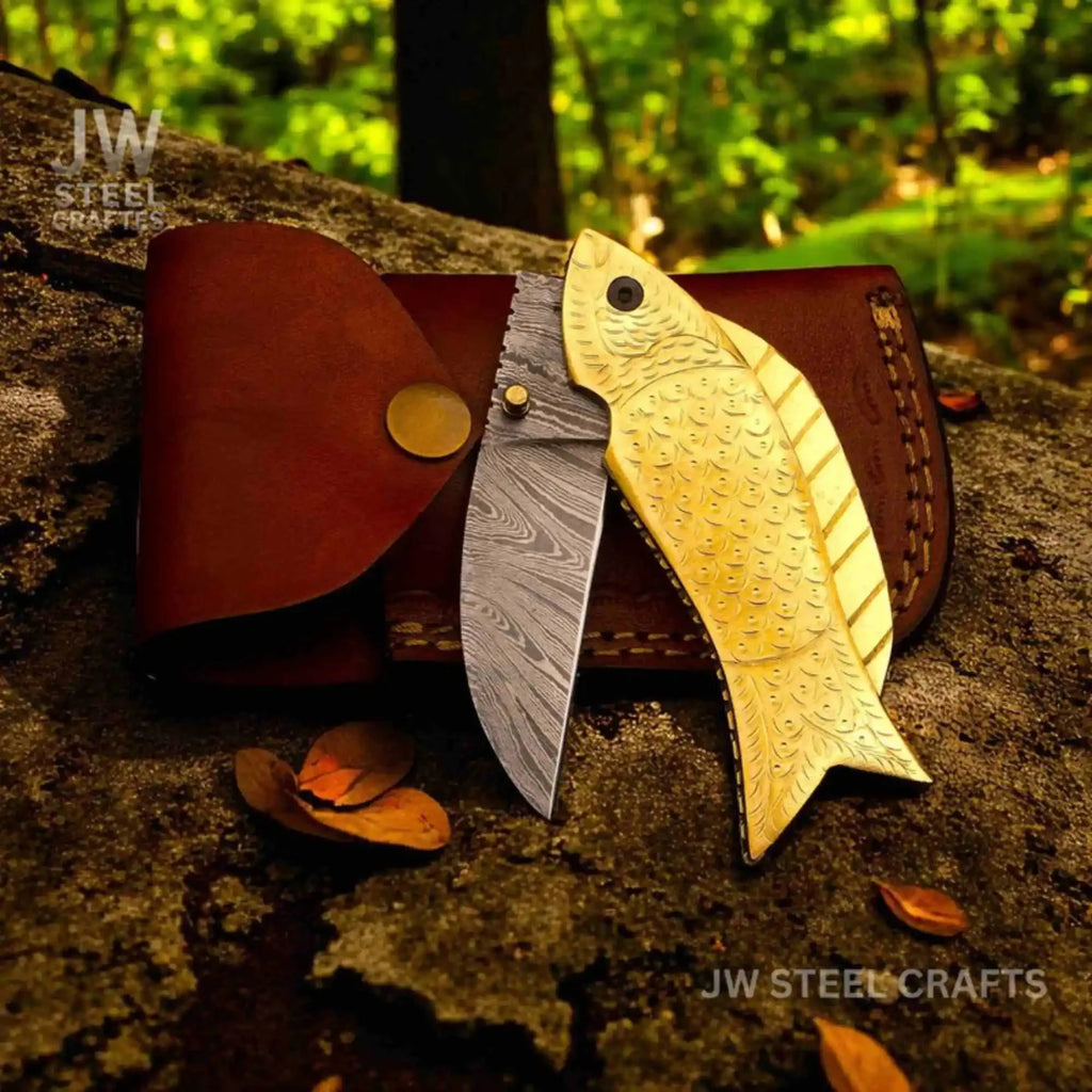 Handmade Damascus Steel Folding Knife with Engraved Brass Fish Handle