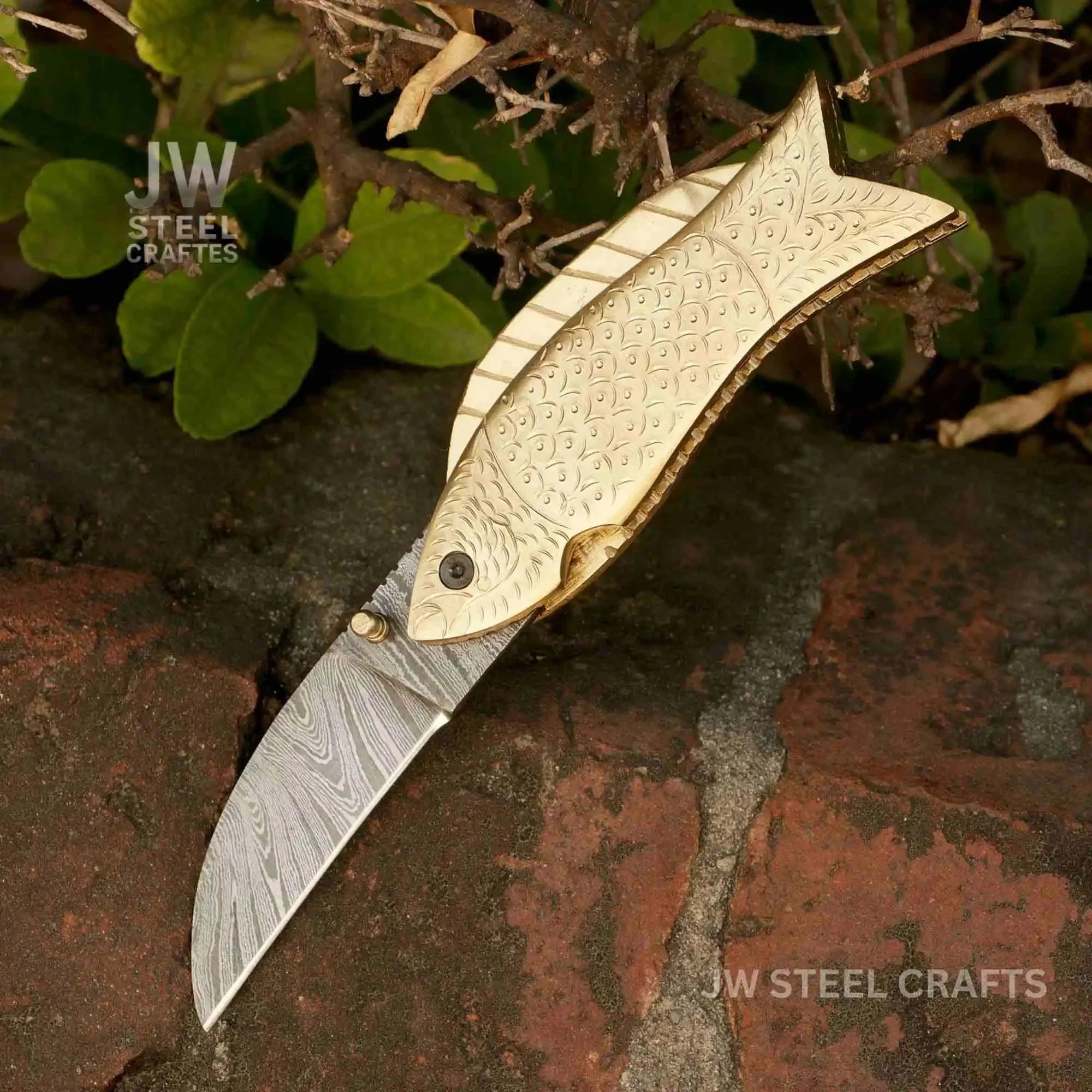 Handmade Damascus Steel Folding Knife with Engraved Brass Fish Handle