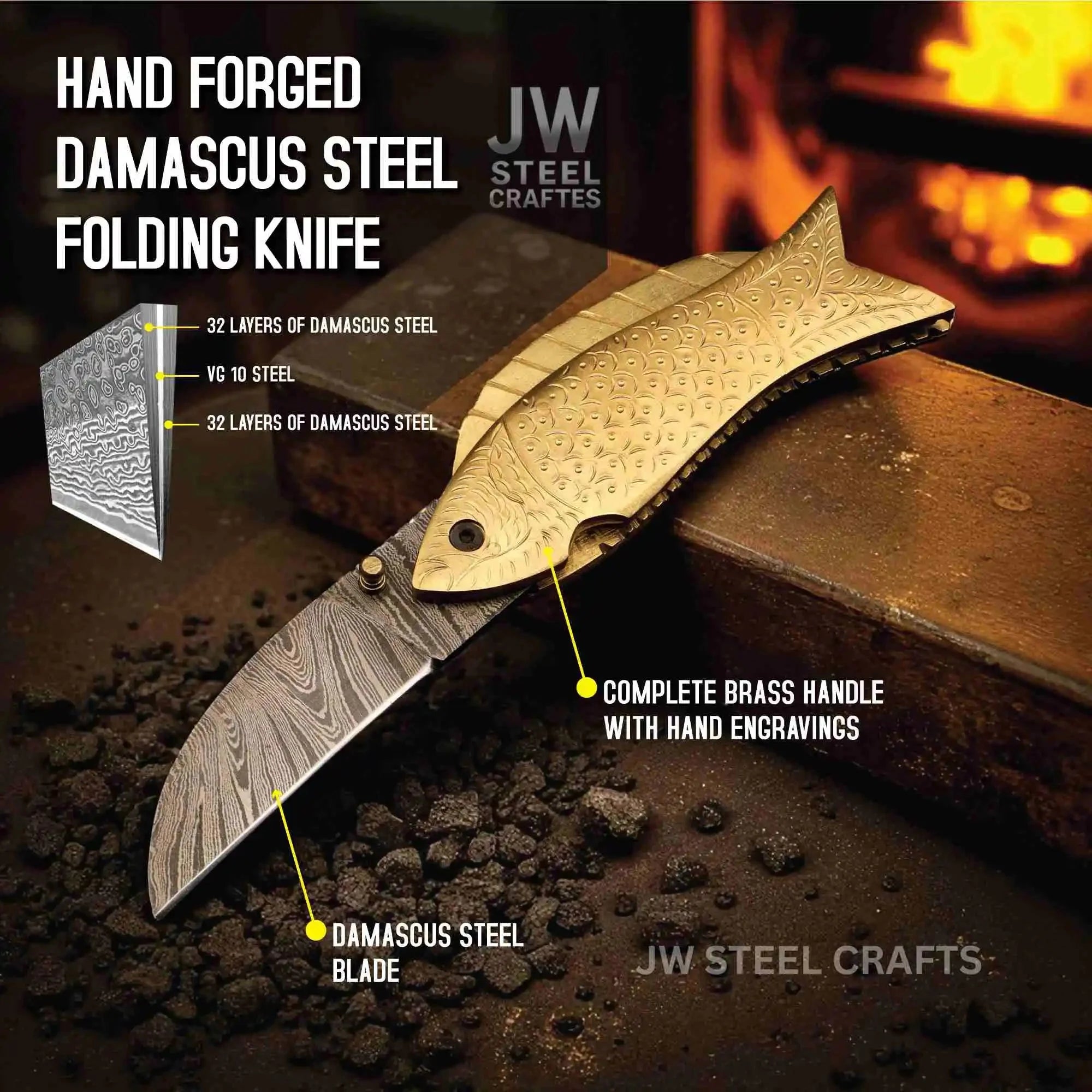 Handmade Damascus Steel Folding Knife with Engraved Brass Fish Handle