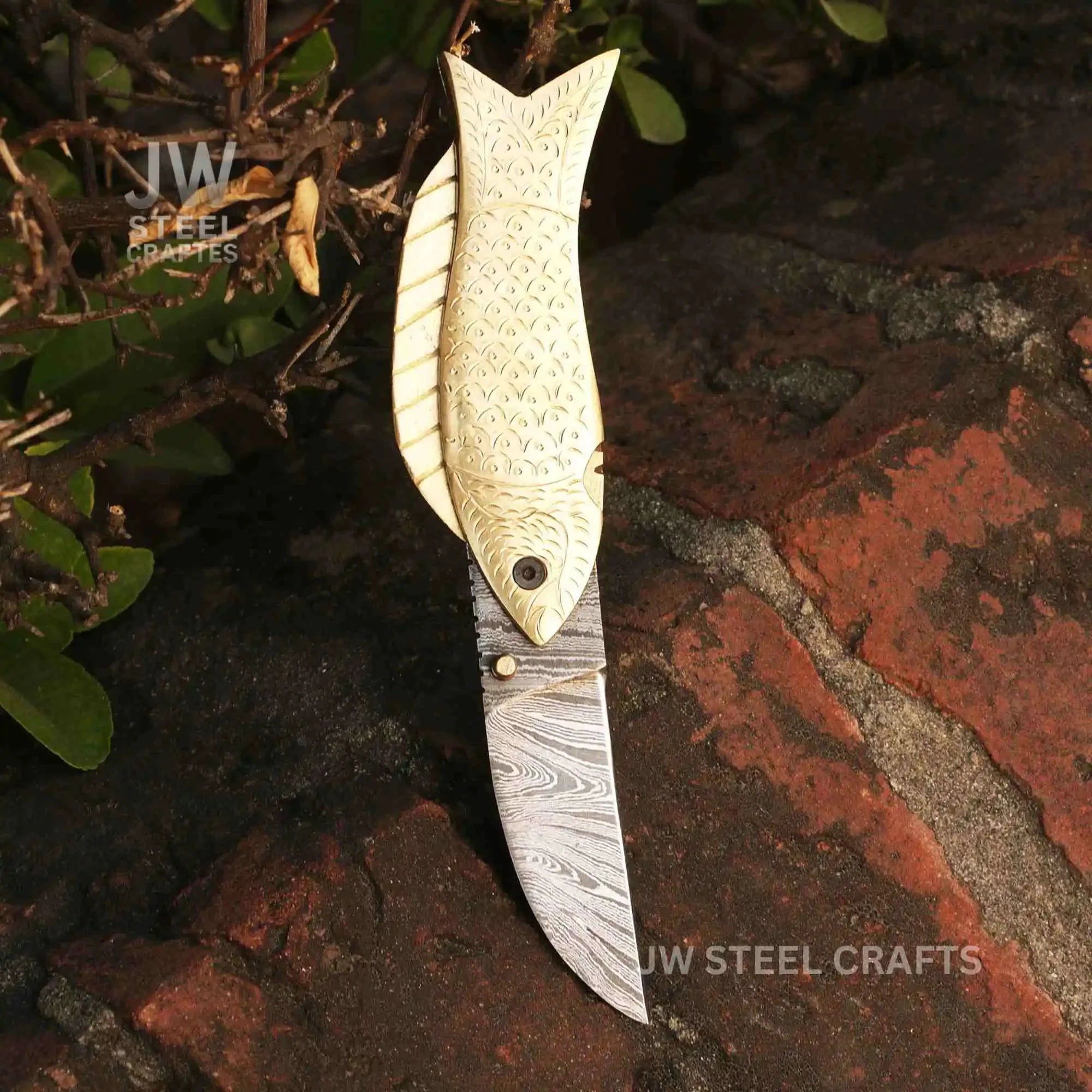 Handmade Damascus Steel Folding Knife with Engraved Brass Fish Handle
