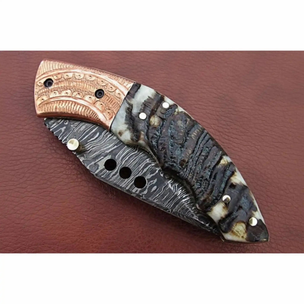 Handmade Damascus Steel Folding Knife with Engraved Metal Handle – Premium EDC Pocket Knife