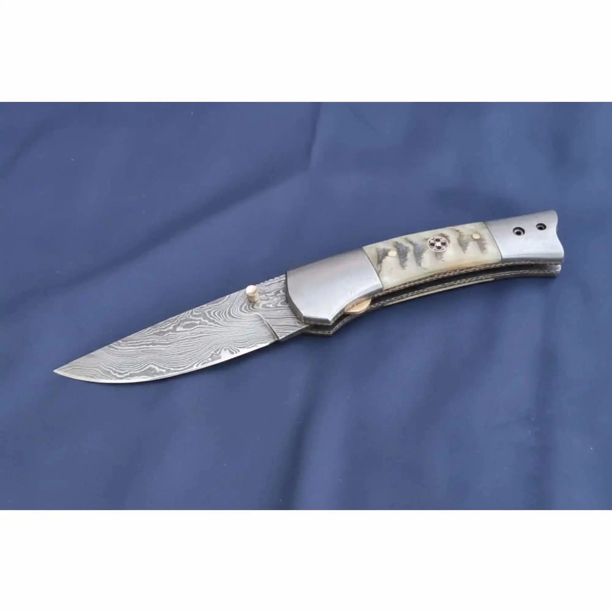 Handmade Damascus Steel Folding Knife with Natural Bone Handle – Custom Pocket Knife