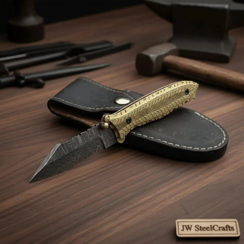 Handmade Damascus Steel Folding Knife with Olive Wood Handle – Brass Liner Pocket Knife