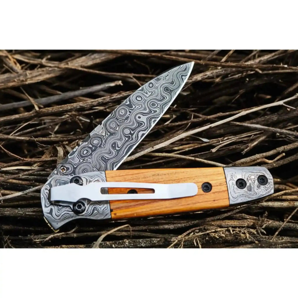 Handmade Damascus Steel Folding Knife with Olive Wood Handle – Pocket Knife for Everyday Carry & Gift