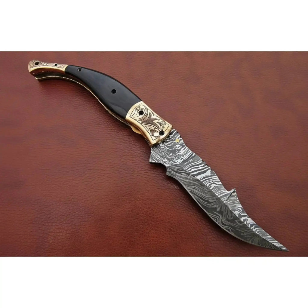 Handmade Damascus Steel Folding Knife with Teal Handle, Engraved Bolster & Leather Sheath
