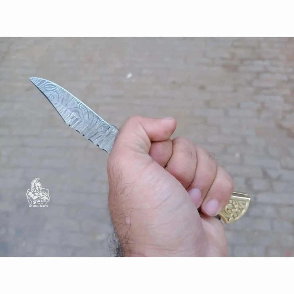 Handmade Damascus Steel Folding Pocket Knife with Bone Handle & Engraved Brass Bolsters