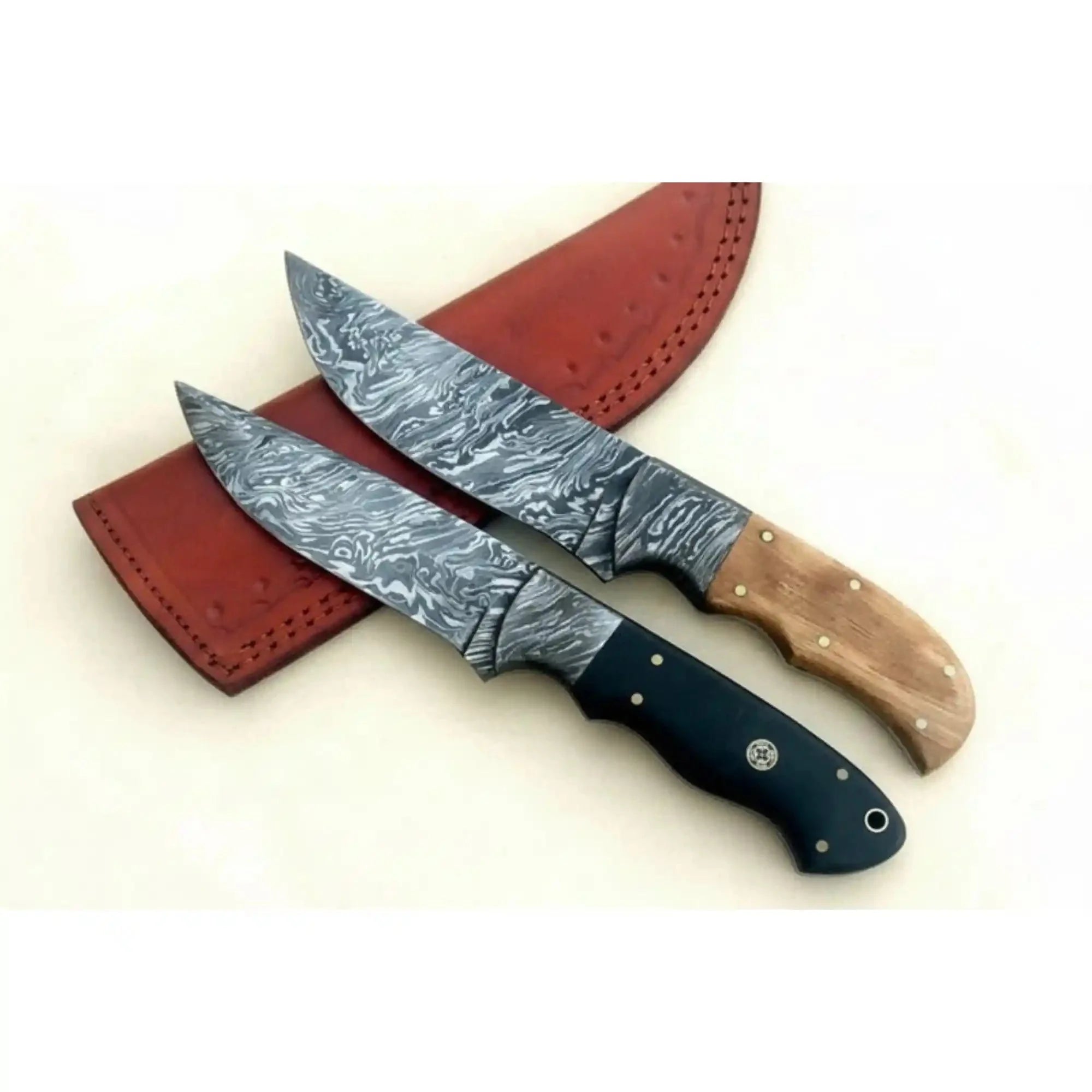 Handmade Damascus Steel Hunting Skinner Knife Lot of 2/ Fixed Blades knives with Leather Sheaths