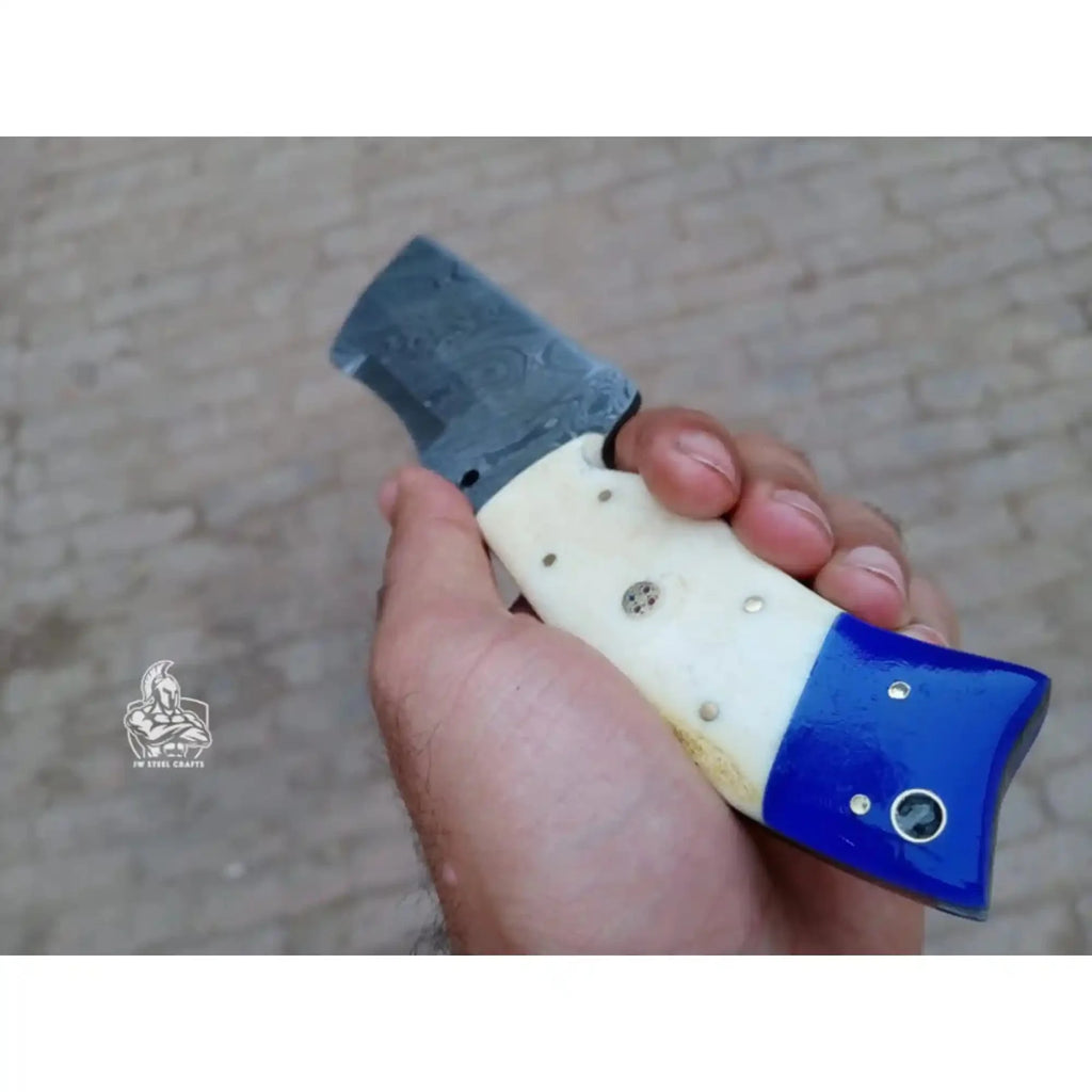 Handmade Damascus Tanto Knife with Bone and Blue Resin Handle, Fixed Blade Outdoor Utility Knife