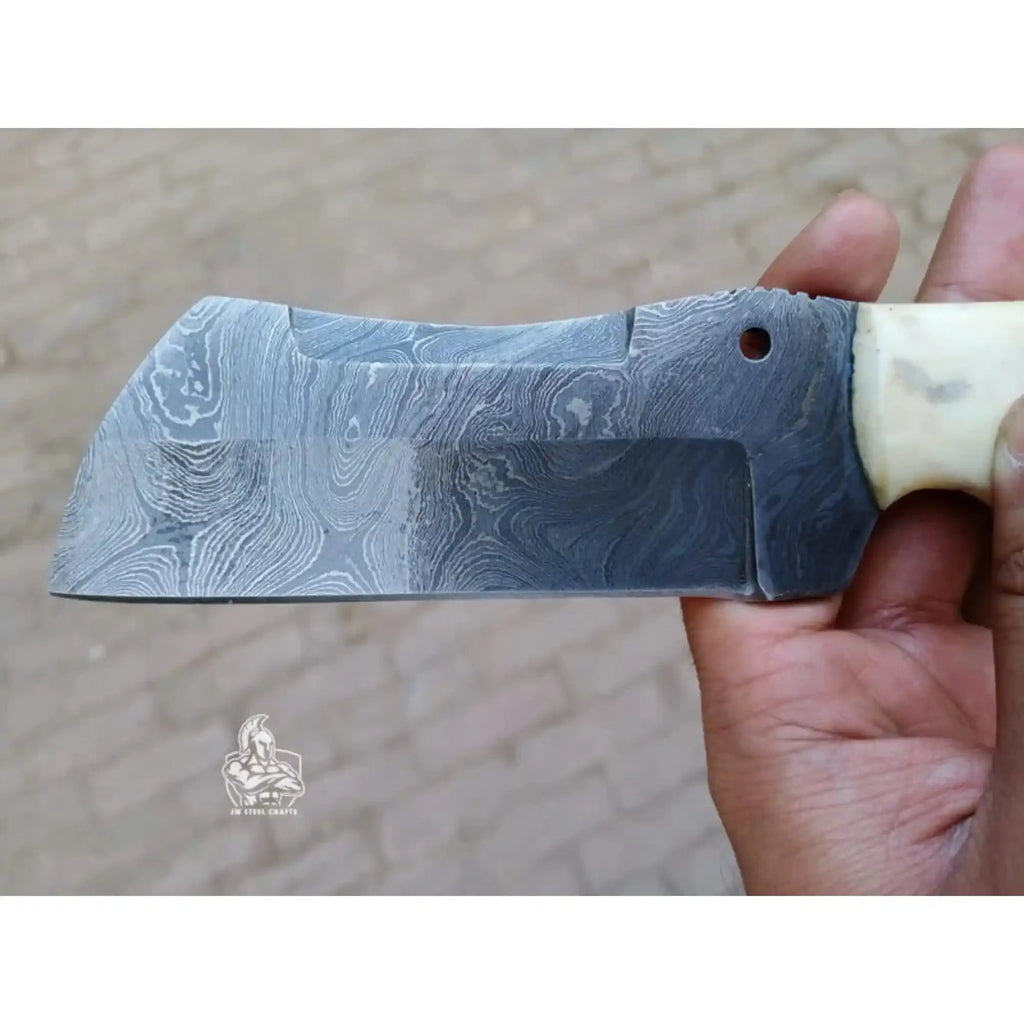 Handmade Damascus Tanto Knife with Bone and Blue Resin Handle, Fixed Blade Outdoor Utility Knife