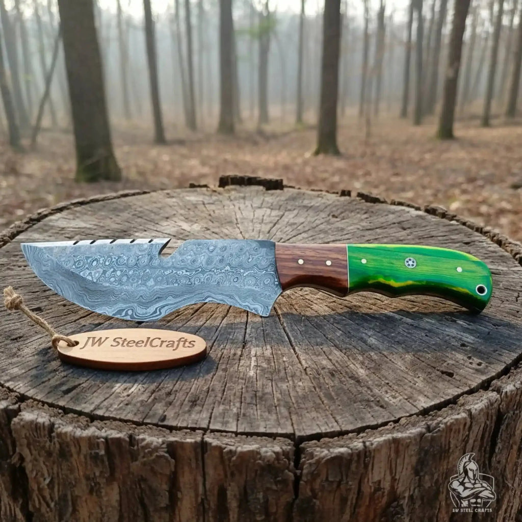 Handmade Damascus Tracker Knife 10 Inch with Green Pakka Wood and Rosewood Handle