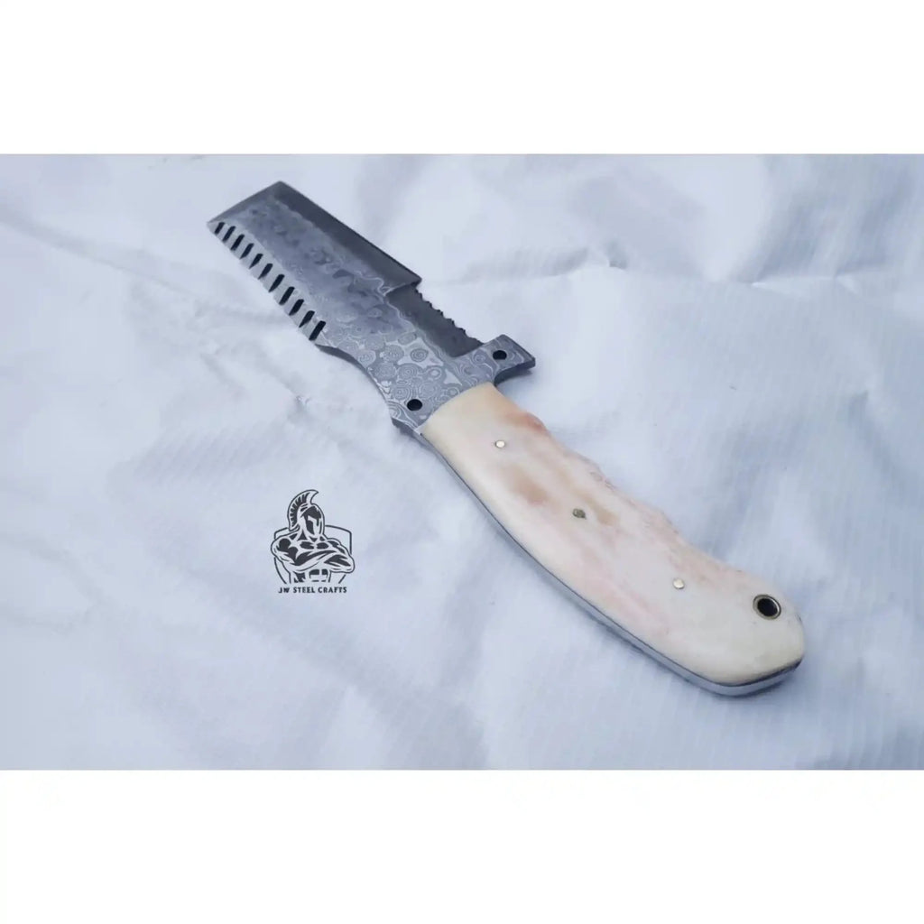 Handmade Damascus Tracker Knife with Bone Handle, Fixed Blade Bushcraft Survival Knife