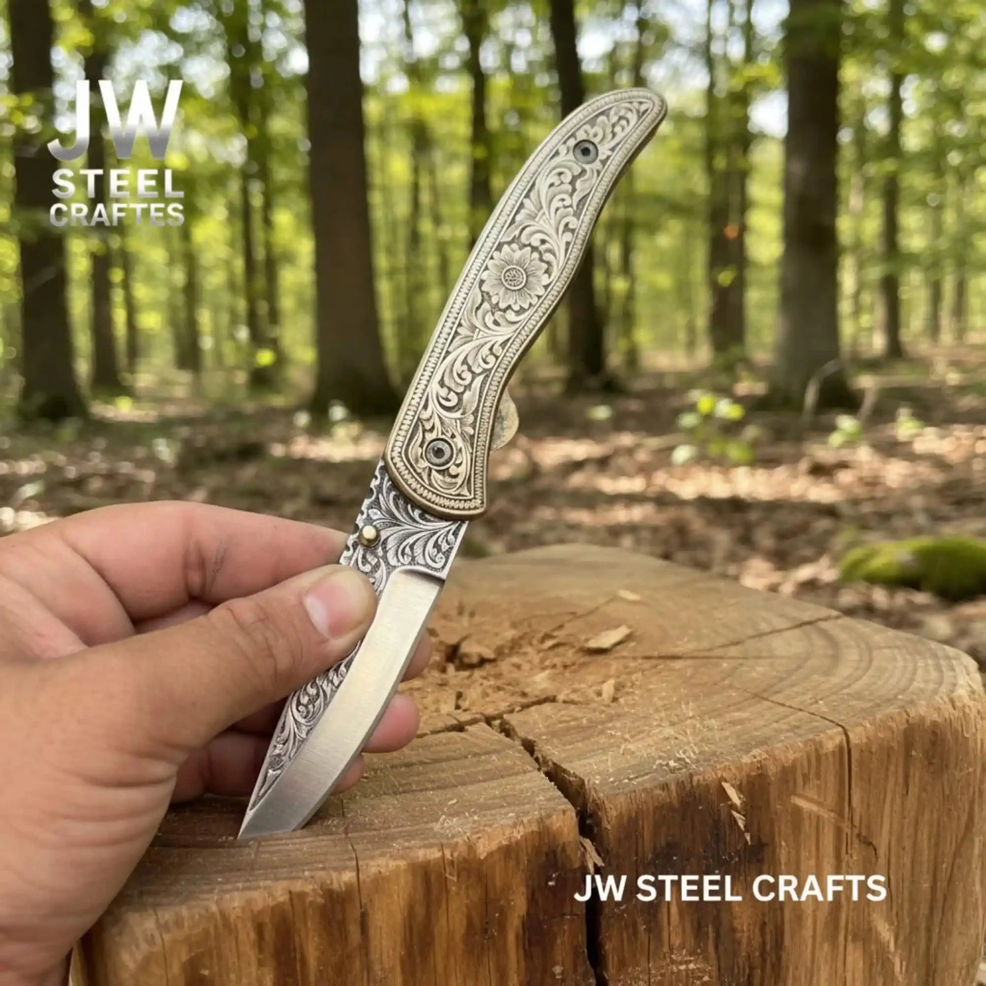 Handmade Engraved Folding Knife – Brass Handle EDC Pocket Knife