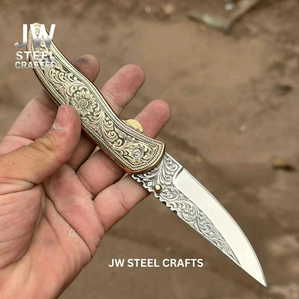 Handmade Engraved Folding Knife – Brass Handle EDC Pocket Knife