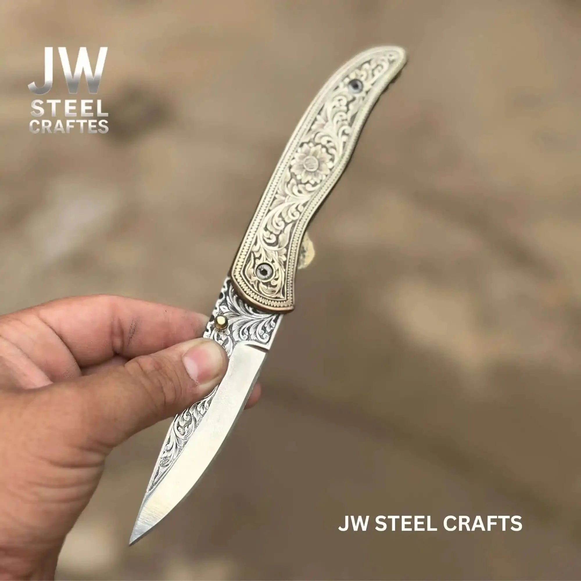 Handmade Engraved Folding Knife – Brass Handle EDC Pocket Knife