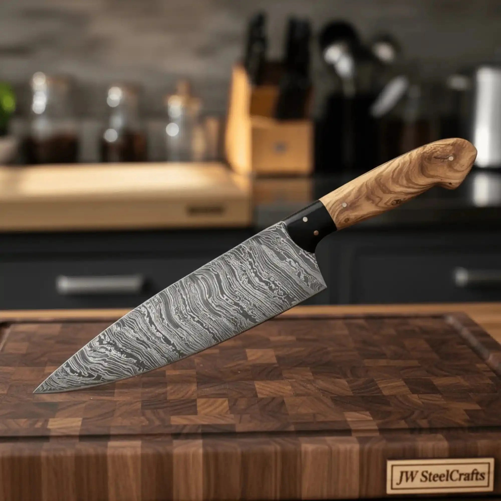 Handmade Fire Pattern Damascus Chef Knife Olive Wood and Black Resin Handle Full Tang Professional Kitchen Knife