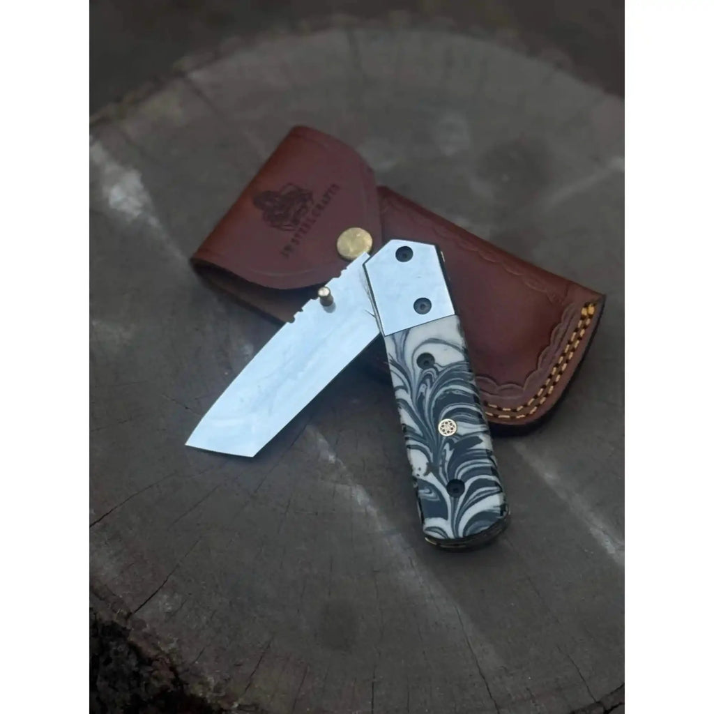Handmade Folding Knife – Marble Resin Handle with Cleaver-Style Blade