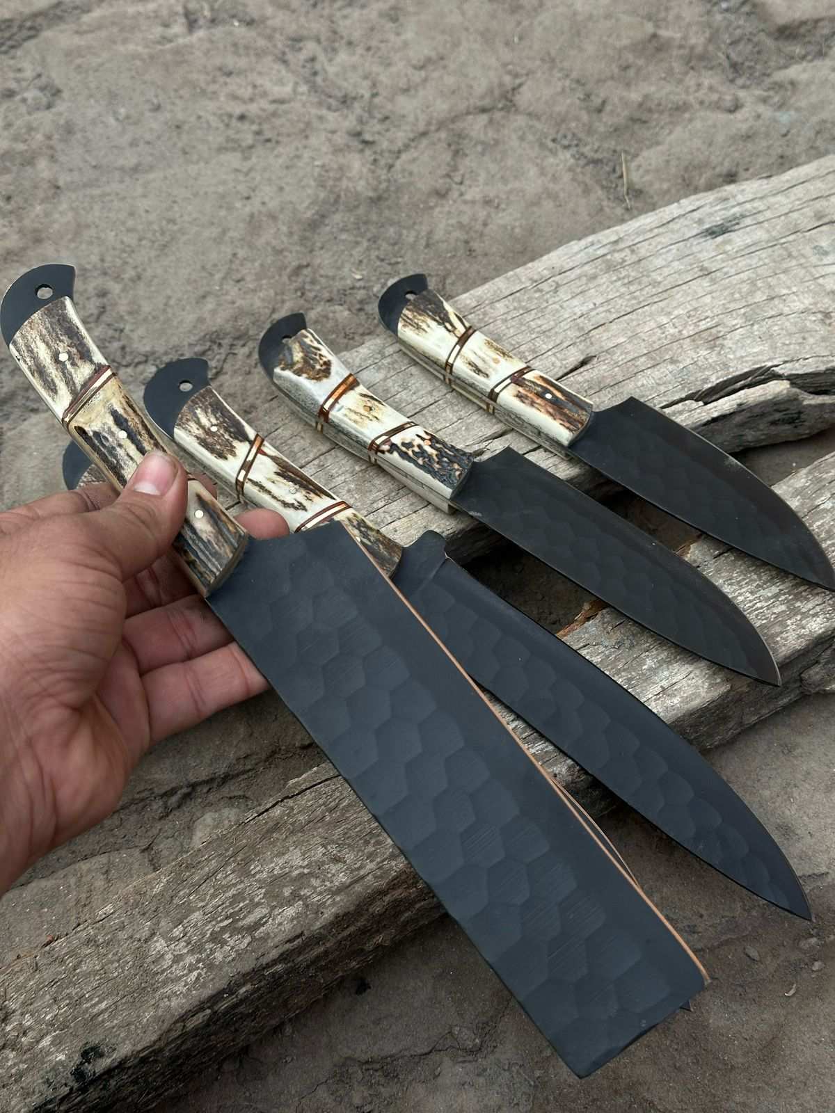 Handmade Hammered Chef Knife Set with Stag Antler Handles | 5-Piece Kitchen Knife Set