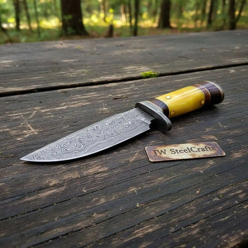 Handmade Hunter Clip Point Bowie Knife Damascus Steel Yellow Handle JW SteelCrafts