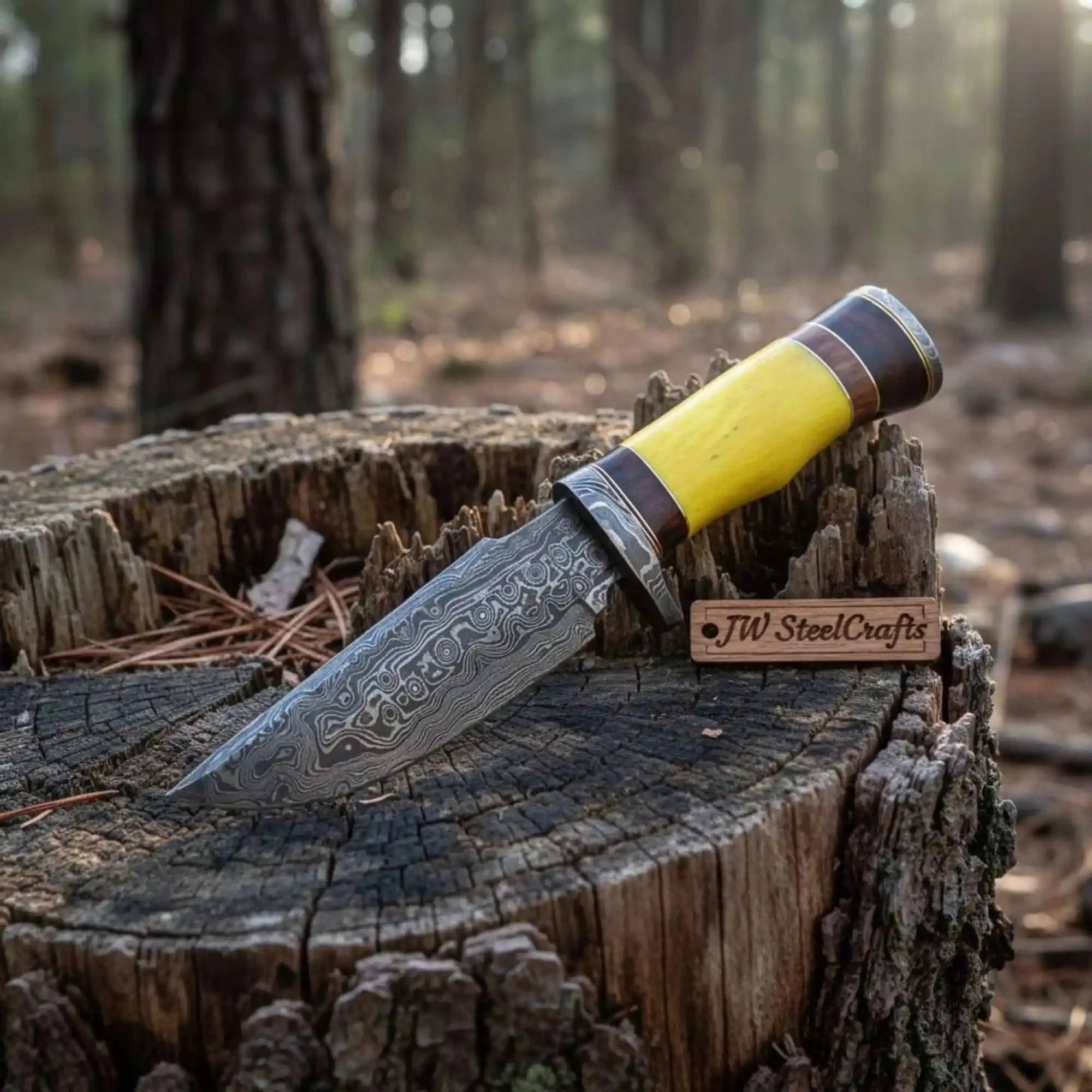 Handmade Hunter Clip Point Bowie Knife Damascus Steel Yellow Handle JW SteelCrafts