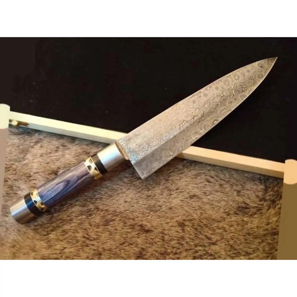 Handmade Raindrop Damascus Chef Knife, Full Tang 12 Inch Kitchen Knife with Grey Wood Handle