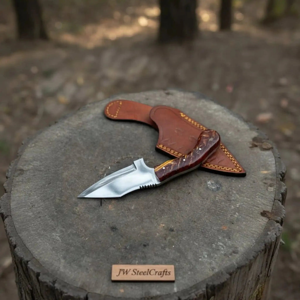 Handmade Stainless Steel Outdoor Knife – Red Swirl Resin Handle | Leather Sheath – JW SteelCrafts