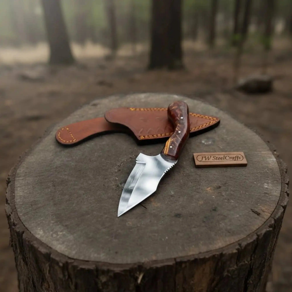 Handmade Stainless Steel Outdoor Knife – Red Swirl Resin Handle | Leather Sheath – JW SteelCrafts