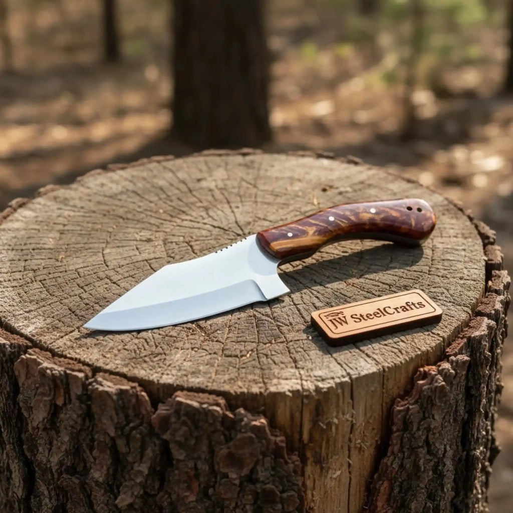 Handmade Stainless Steel Outdoor Knife – Red Swirl Resin Handle | Leather Sheath – JW SteelCrafts