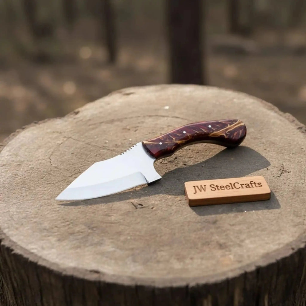 Handmade Stainless Steel Outdoor Knife – Red Swirl Resin Handle | Leather Sheath – JW SteelCrafts