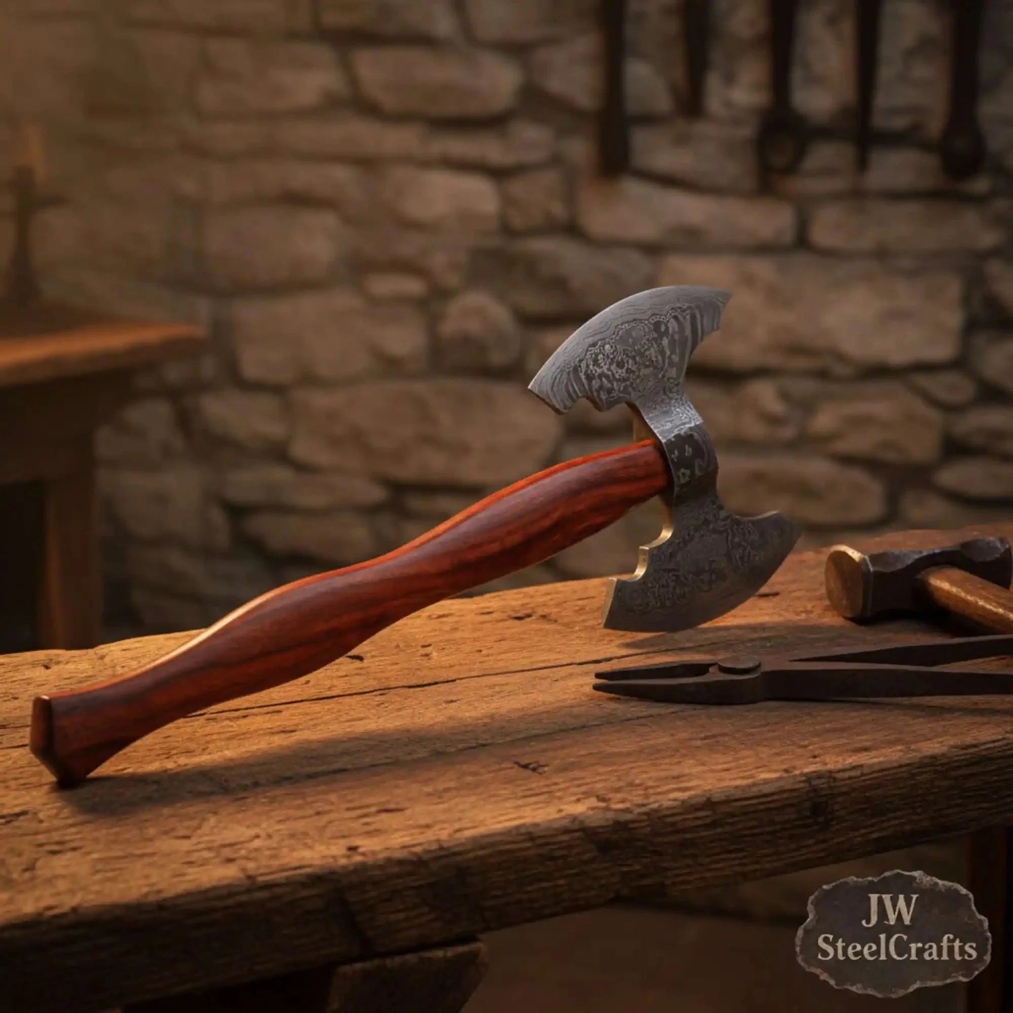 Handmade Viking Camp Axe, Broad Crescent Pattern-Welded Blade