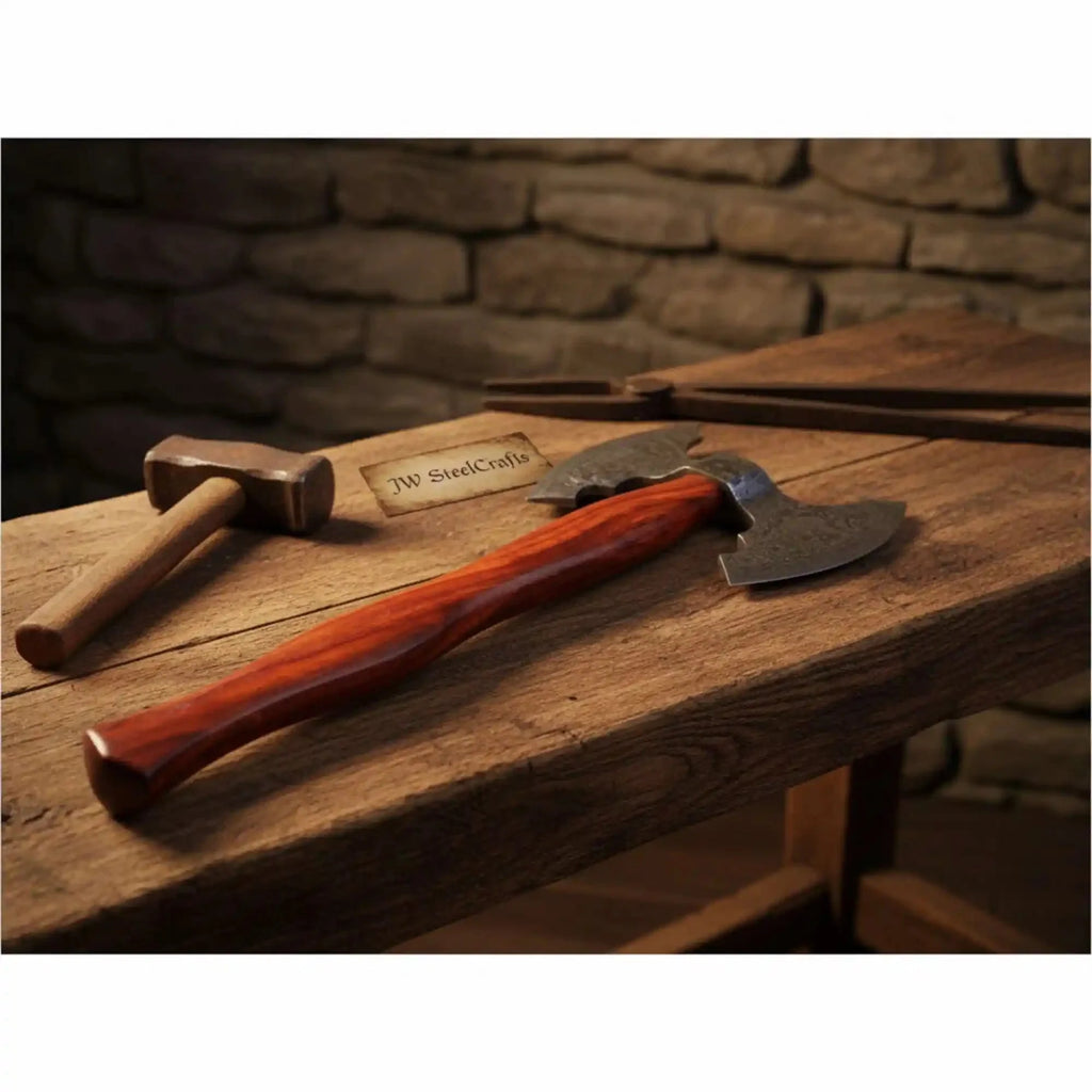 Handmade Viking Camp Axe, Broad Crescent Pattern-Welded Blade