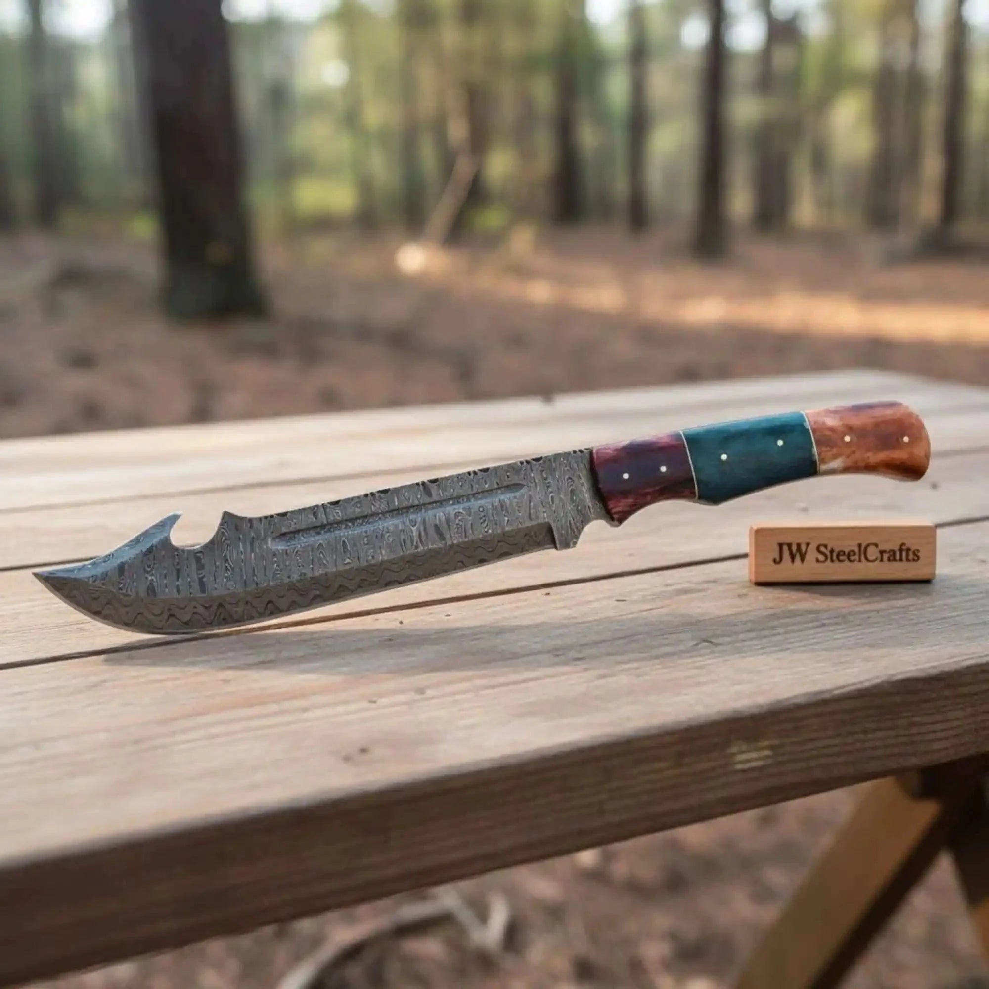Handmade Damascus Steel Harpoon Point Bowie Knife with Coffin Handle Grip