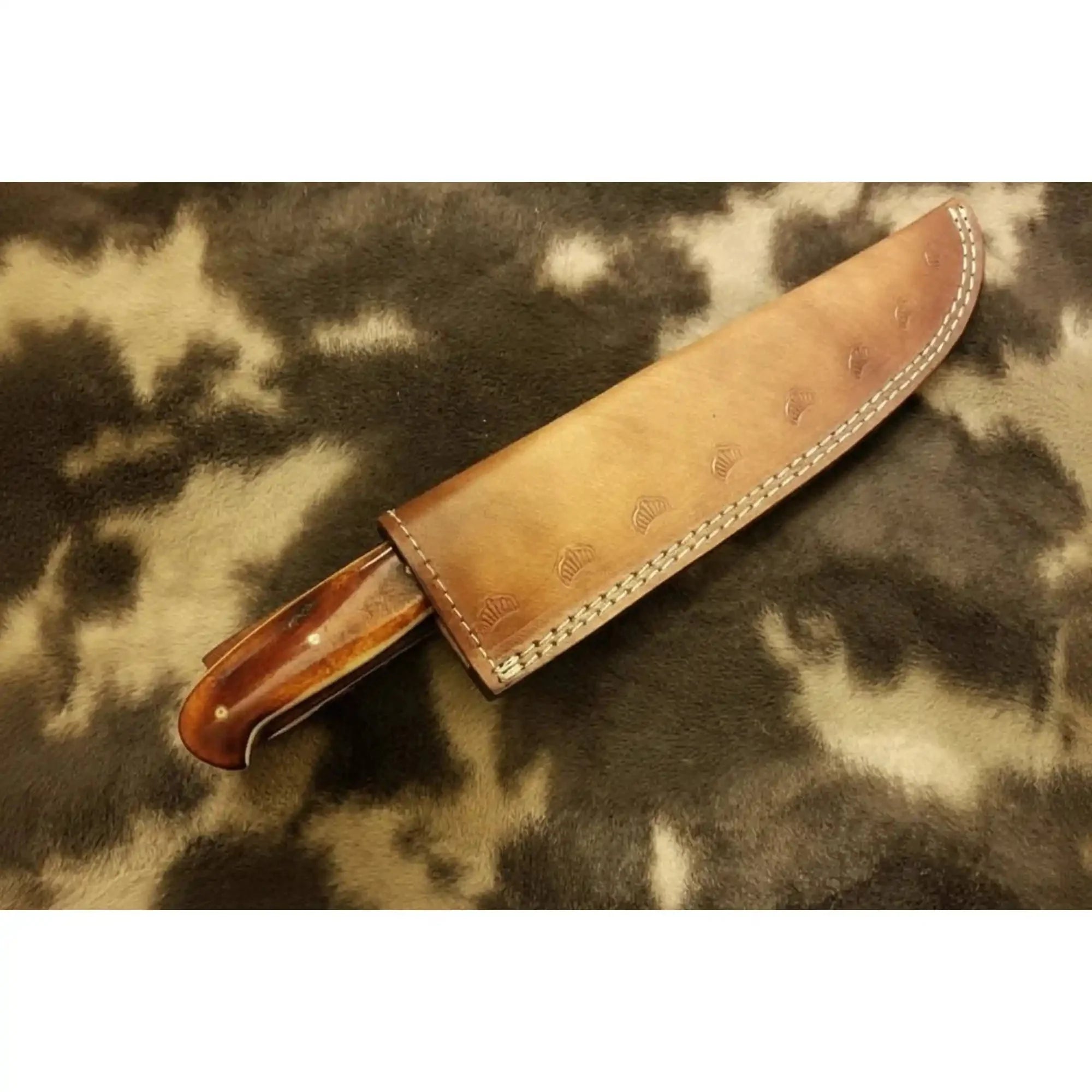 JW SteelCrafts 14-inch Damascus Chef Knife, Brown Bone Handle, Brass Bolster, Leather Sheath