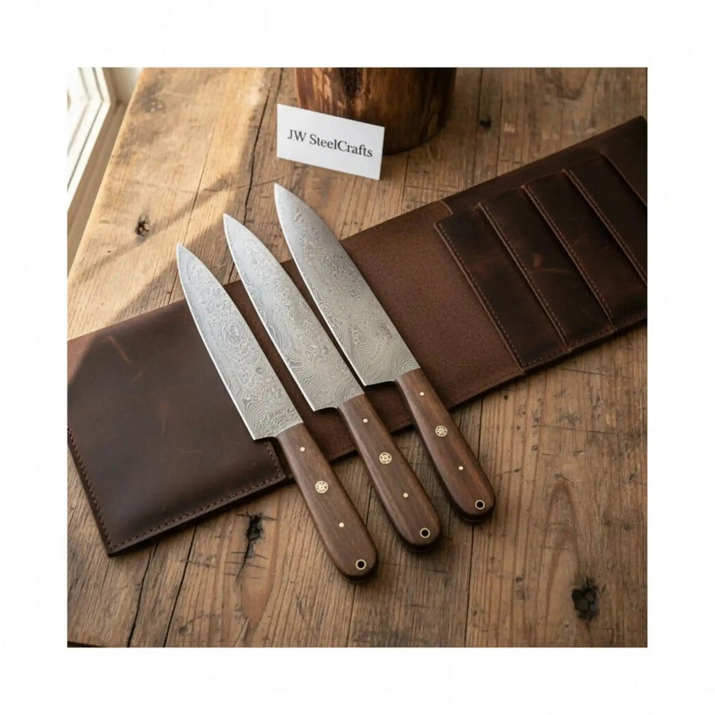 Handmade Damascus Kitchen Knife Set - Chef, Carving, Paring Knives, Walnut Handles