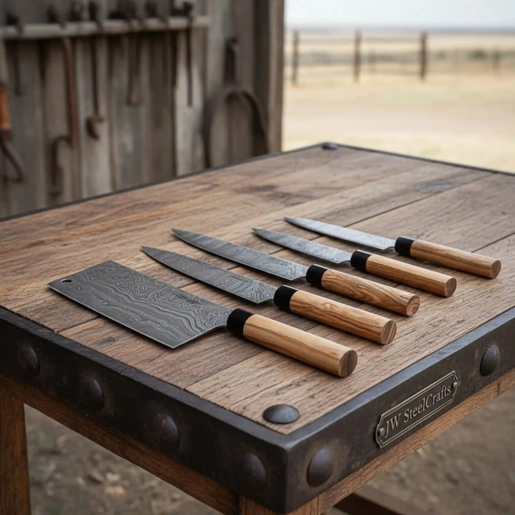 Handmade Damascus Steel Kitchen Knife Set with Olive Wood Handles - 4 Piece Set