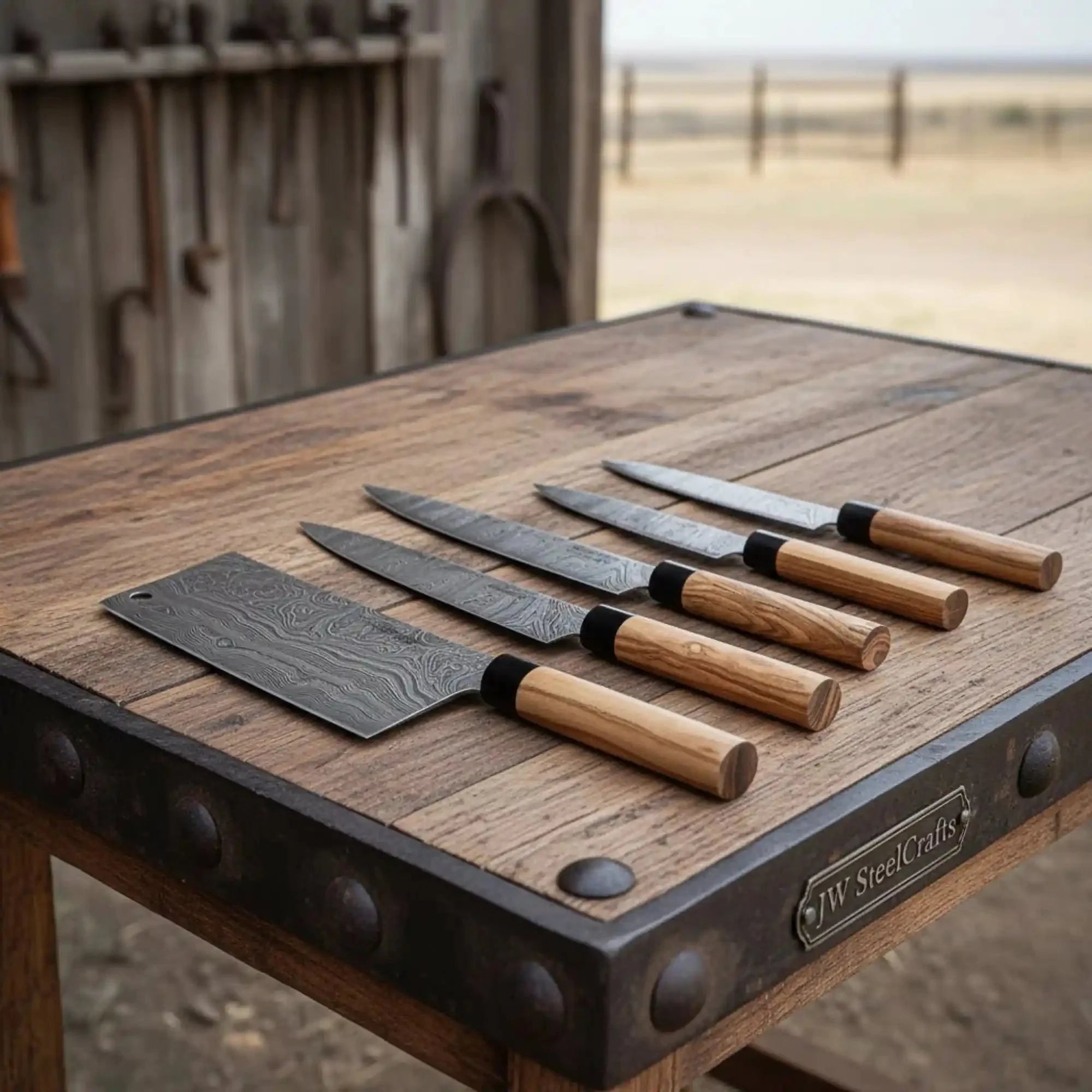 Handmade Damascus Steel Kitchen Knife Set with Olive Wood Handles - 4 Piece Set