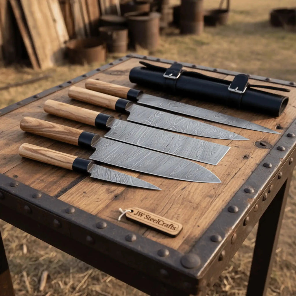 Handmade Damascus Steel Kitchen Knife Set with Olive Wood Handles - 4 Piece Set