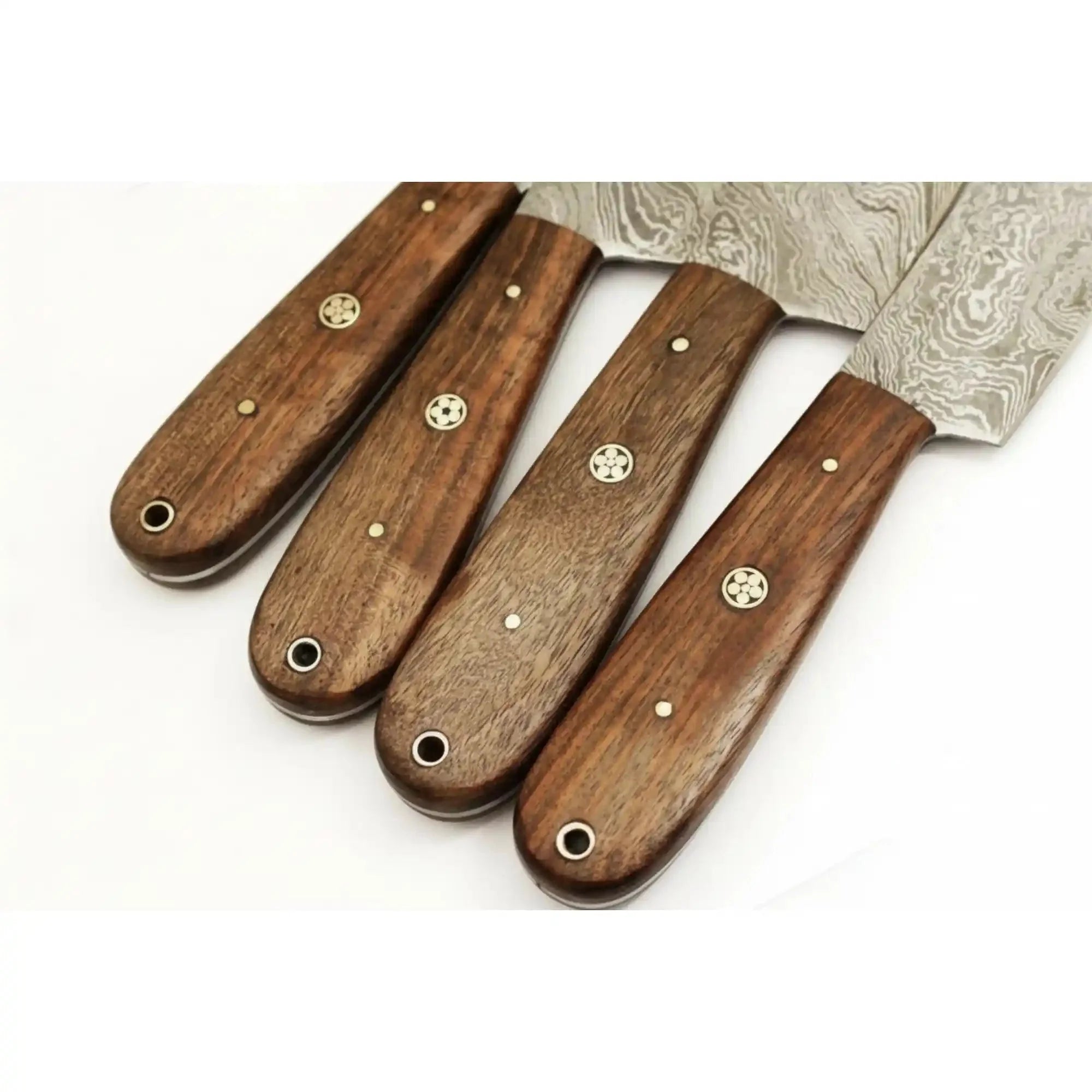 Handmade Damascus Steel Knife Set with Leather Roll, Rosewood Handle Kitchen Collection