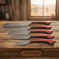 JW SteelCrafts 5-Piece Damascus Kitchen Set Cleaver, Gyuto, Bunka, Santoku, Paring Red Pakka Wood