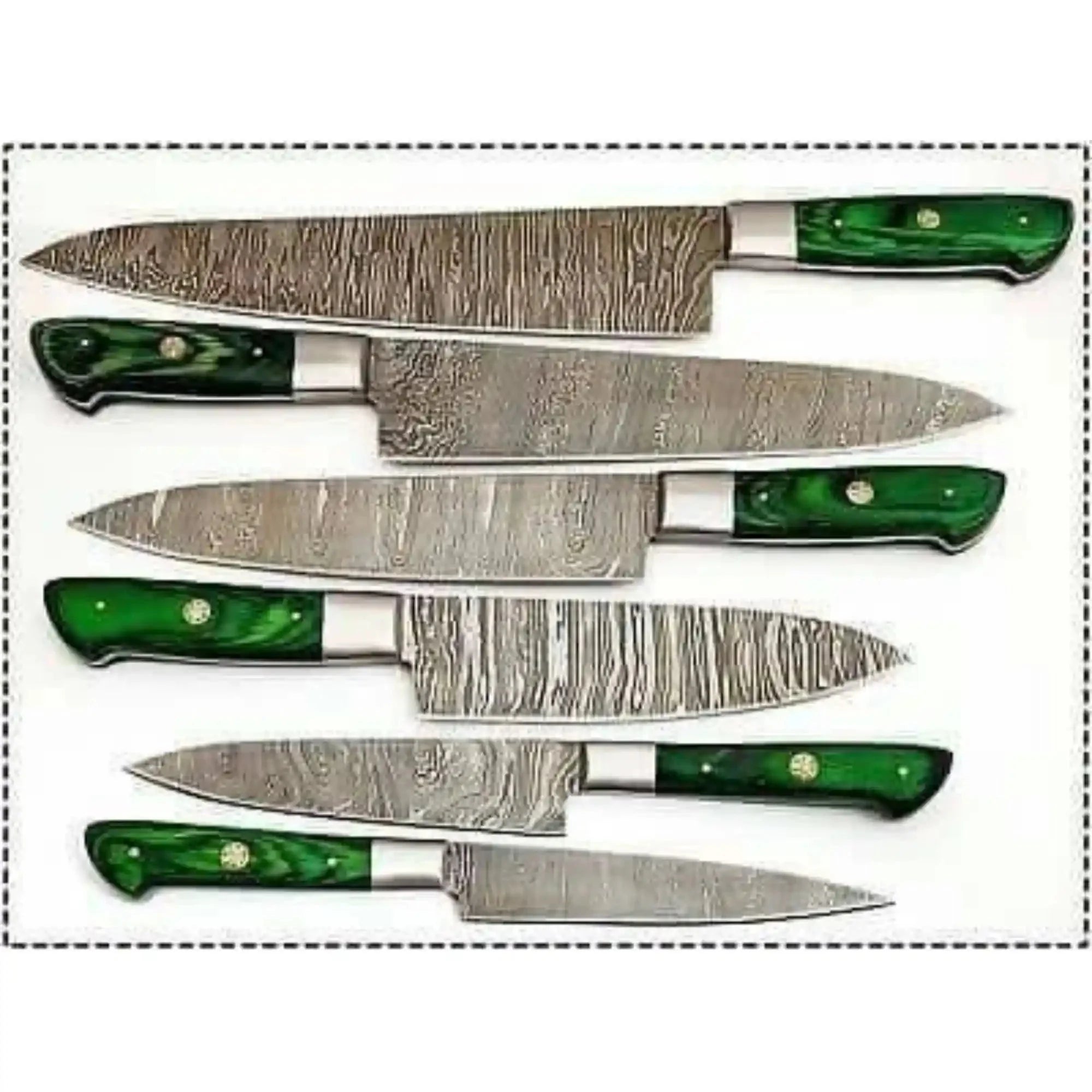 6-Piece Damascus Kitchen Knife Set with Green Wood Handle - Professional Cooking Collection