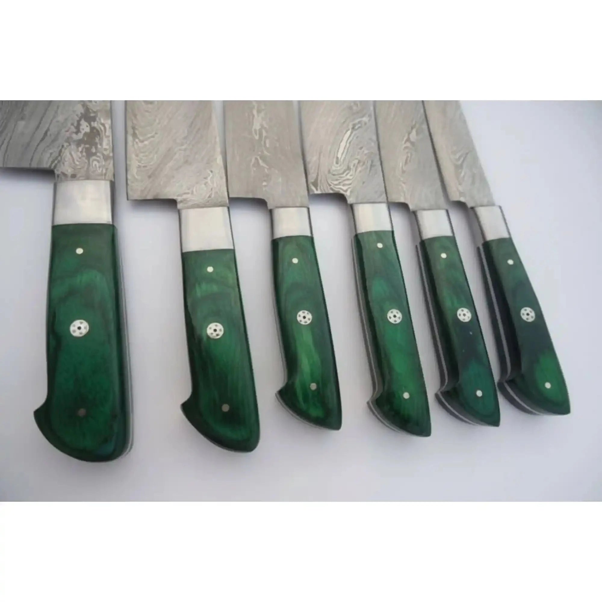 6-Piece Damascus Kitchen Knife Set with Green Wood Handle - Professional Cooking Collection