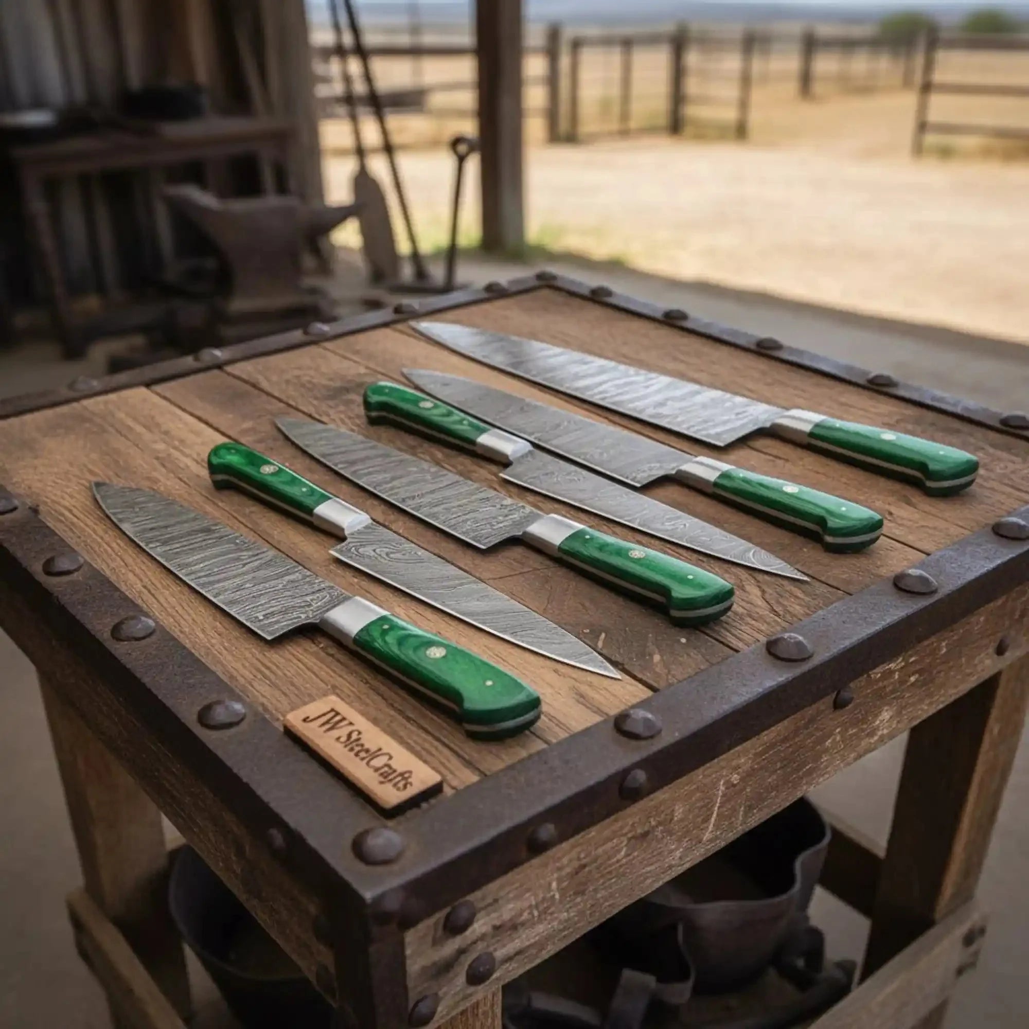 6-Piece Damascus Kitchen Knife Set with Green Wood Handle - Professional Cooking Collection