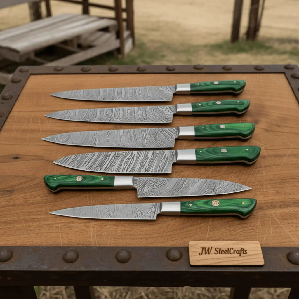 6-Piece Damascus Kitchen Knife Set with Green Wood Handle - Professional Cooking Collection