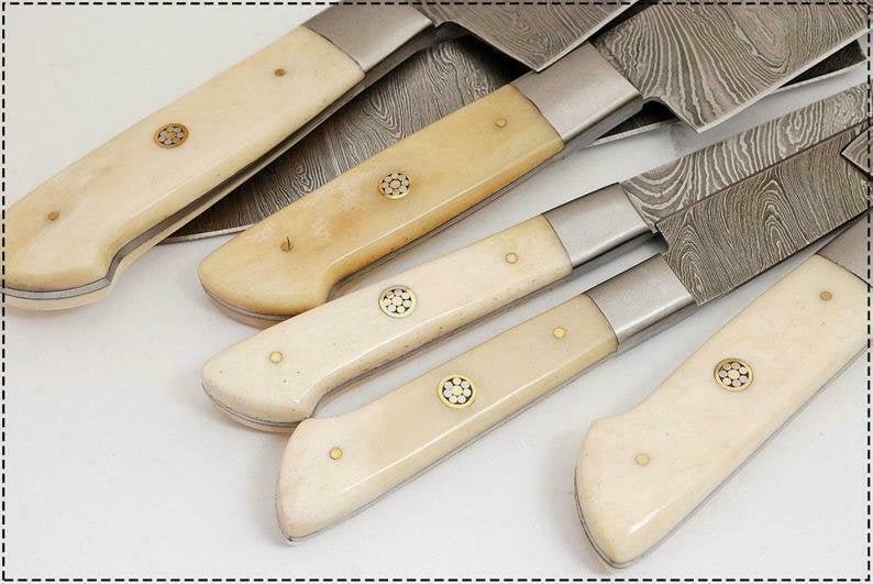 6-Pc Damascus Knife Set: Gyuto, Santoku, Nakiri, Boning, Utility, Paring Knives + Leather Roll