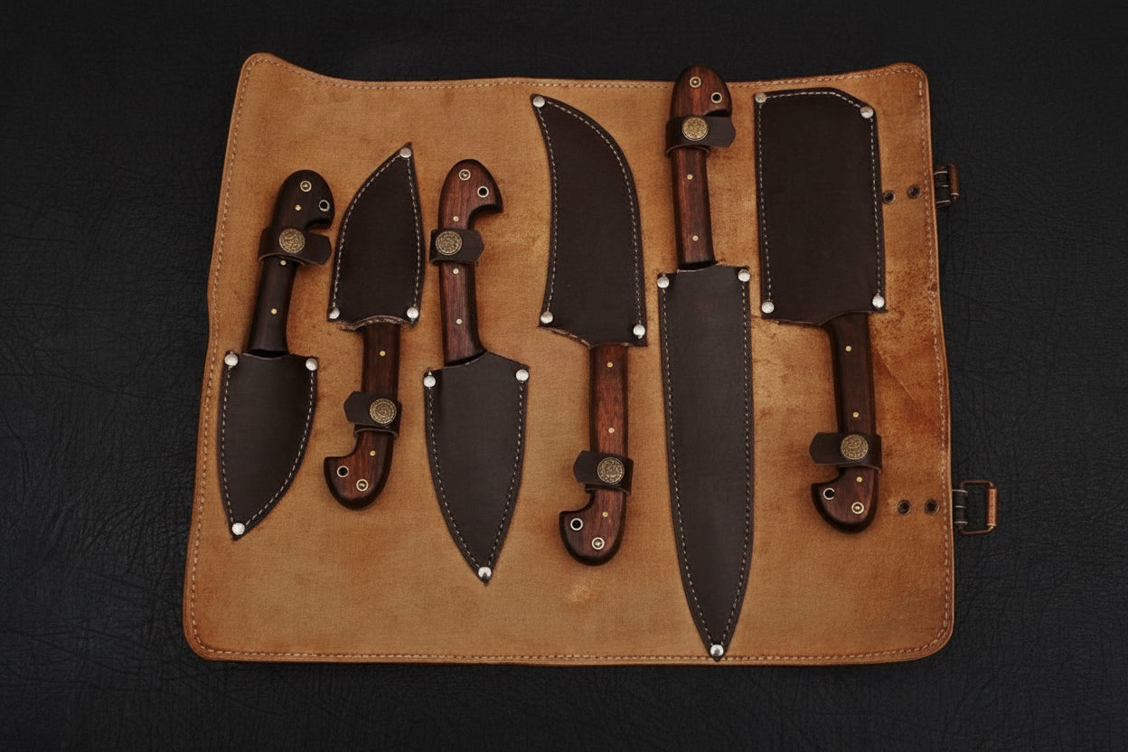 6-Piece Damascus Knife Set with Leather Roll
