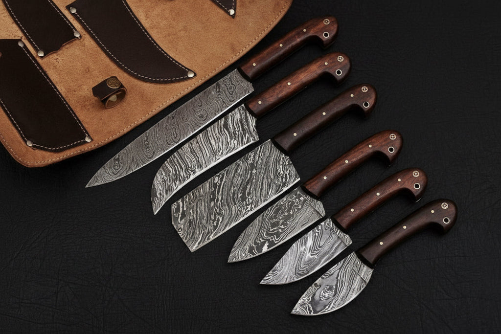 6-Piece Damascus Knife Set with Leather Roll