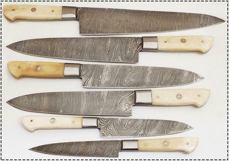 6-Pc Damascus Knife Set: Gyuto, Santoku, Nakiri, Boning, Utility, Paring Knives + Leather Roll